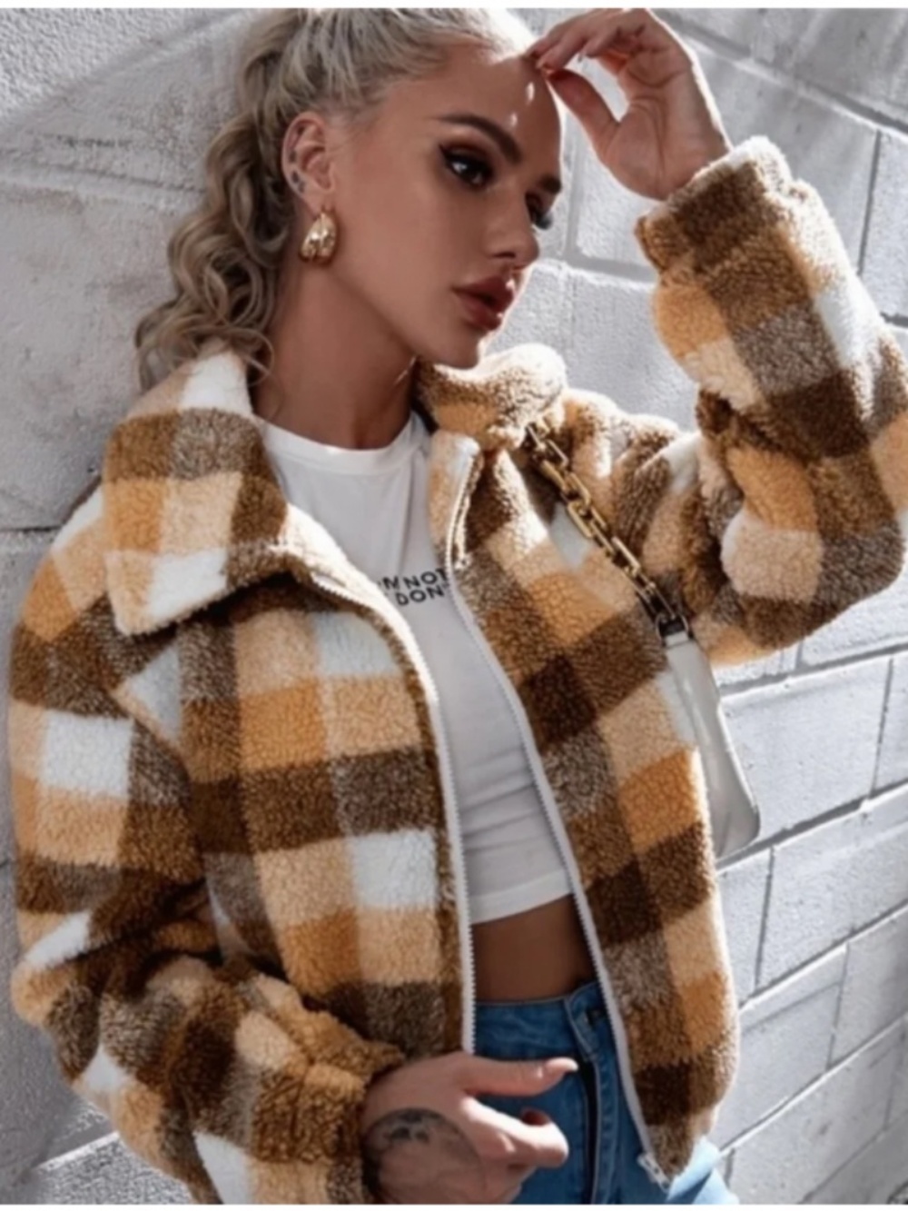 Brown Tan Plaid Sherpa Teddy Zip Up Jacket